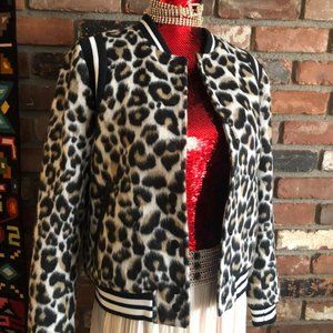 Parker Faux Fur Fuzzy Leopard Print Bomber Jacket SMALL